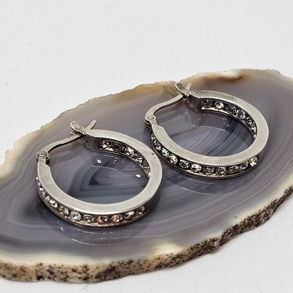 925 STERLING SILVER - Shiny Crystal Round Hoop Earrings - Picture 2 of 12